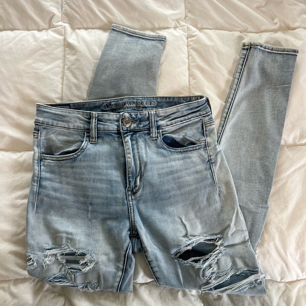 American Eagle Super Stretch Cropped, Distressed, High Rise Skinny Jeans